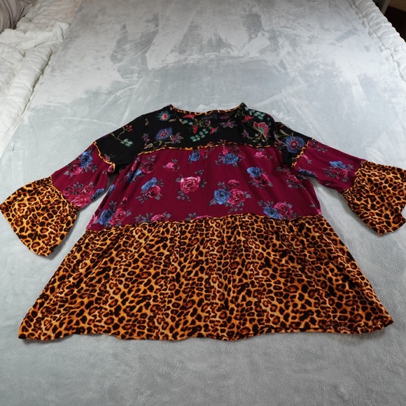 Calessa Womens Tunic Top L Boho Gauzy Mixed Print Artsy Flowy Bell Sleeve Casual - Picture 3 of 11